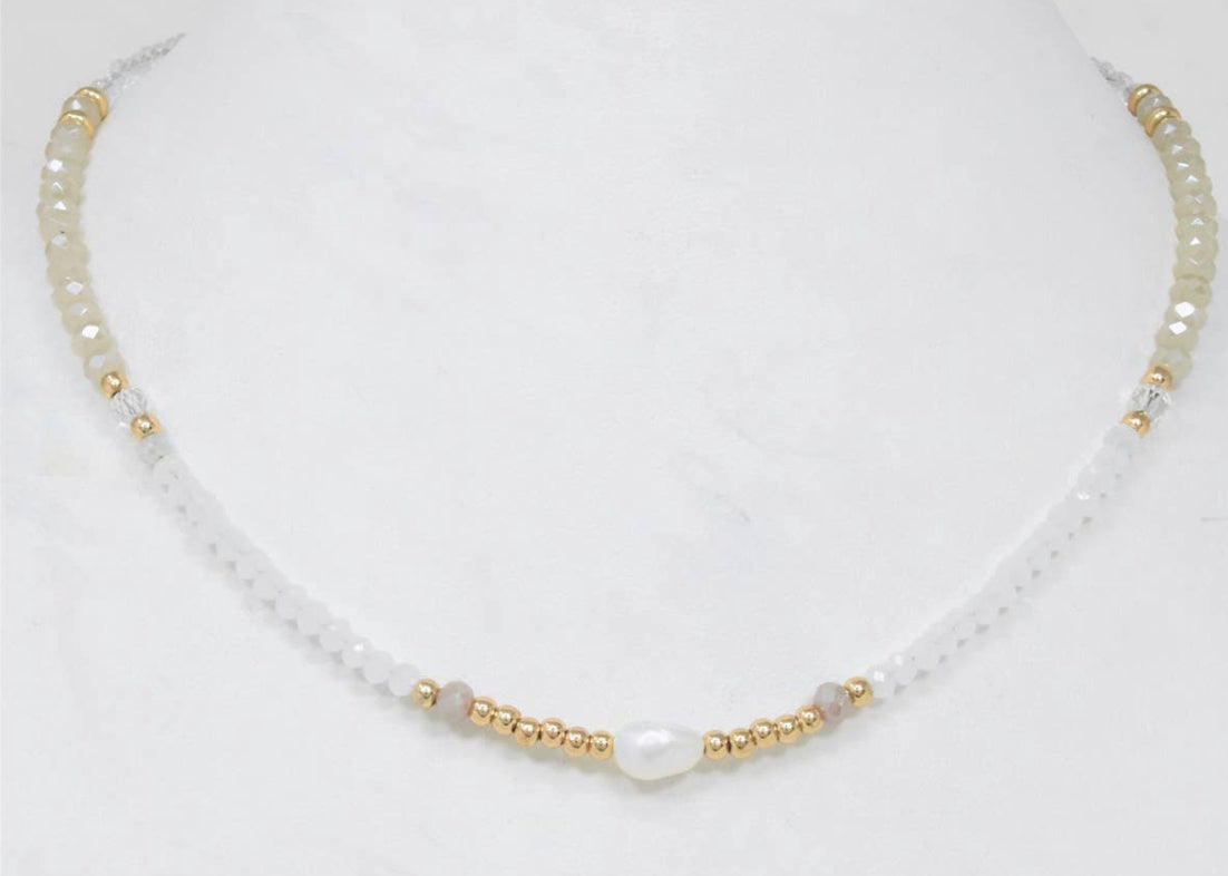 Glass Bead, Freshwater Pearl, Metal Ball Choker Necklace