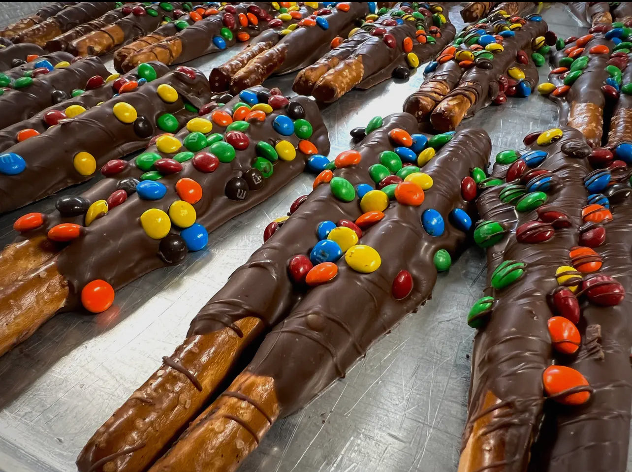Chocolate Pretzel Rods with M&Ms